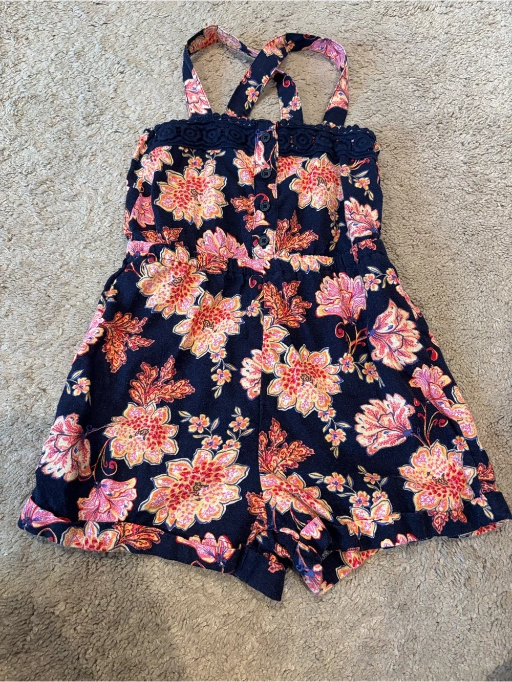 Old Navy Navy Floral Girls Romper with Pink & Coral Flowers